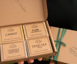 Open soap gift box with four natural bars and green ribbon, from Three Hills Soap