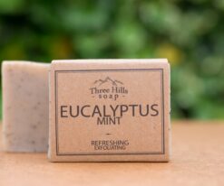 Eucalyptus Mint soap bar with rustic label on light surface and green outdoor background