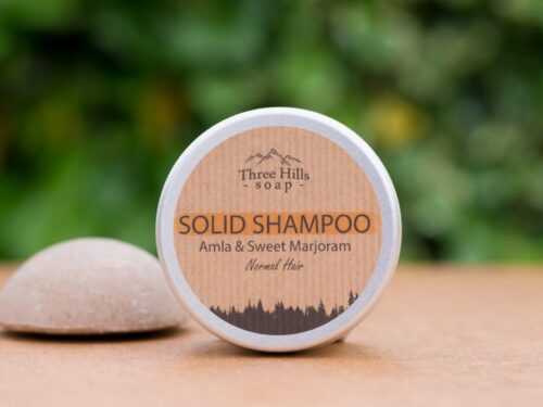 Solid Shampoo bar for normal hair with rustic label on light surface and green outdoor background