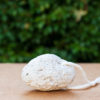 A natural pumice stone is shown on a flat surface against a blurred green foliage background. The pumice stone is light gray with a rough, porous texture, and it has a white cotton loop attached for easy handling and storage. The setting emphasizes the product's natural and eco-friendly qualities, ideal for personal care and grooming use.