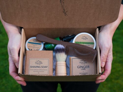 Explore the Range gift set with assorted natural skincare products in kraft box