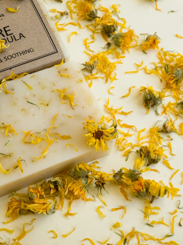 The image shows a handmade soap bar infused with dried calendula flowers. The soap is positioned diagonally, and the surface of the soap is slightly textured with visible bits of calendula petals embedded within. Surrounding the soap are scattered dried calendula petals and whole dried flowers, creating a natural and soothing aesthetic. The packaging of the soap, partially visible in the upper left corner, suggests that it is a natural, calming product, likely intended for gentle skin care.